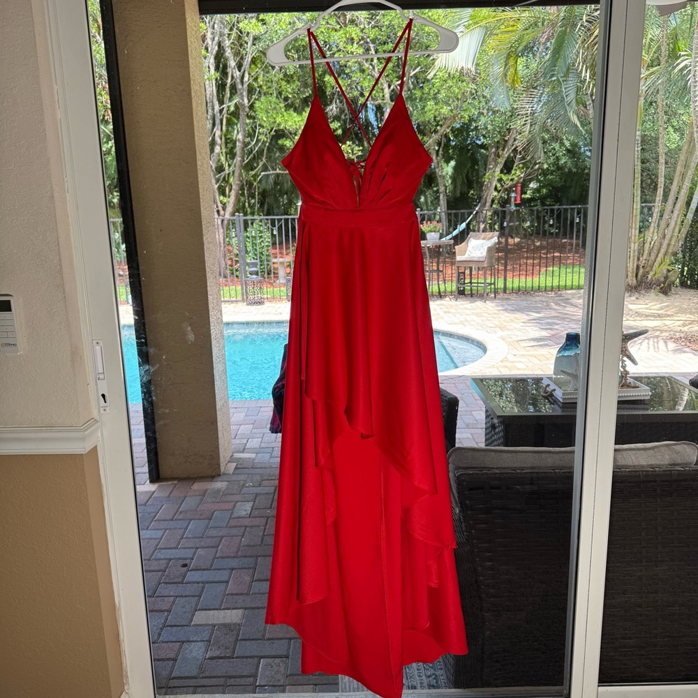 *NWOT* Elegant Red Satin High-Low Evening Gown Dress